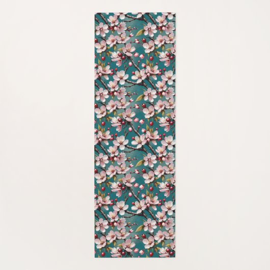 Pink Cherry Blossoms Teal Background ヨガマット (裏面)