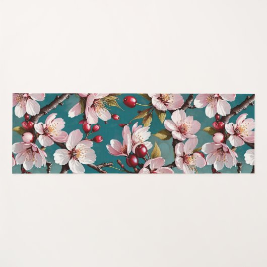 Pink Cherry Blossoms Teal Background ヨガマット (正面(横))