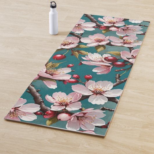 Pink Cherry Blossoms Teal Background ヨガマット (インサイチュ)