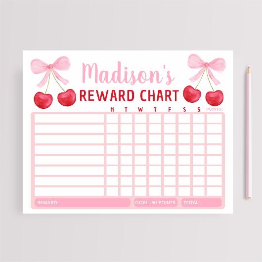 Pink Cherry Bow Girl Reward Chart Chore Chart ノートパッド