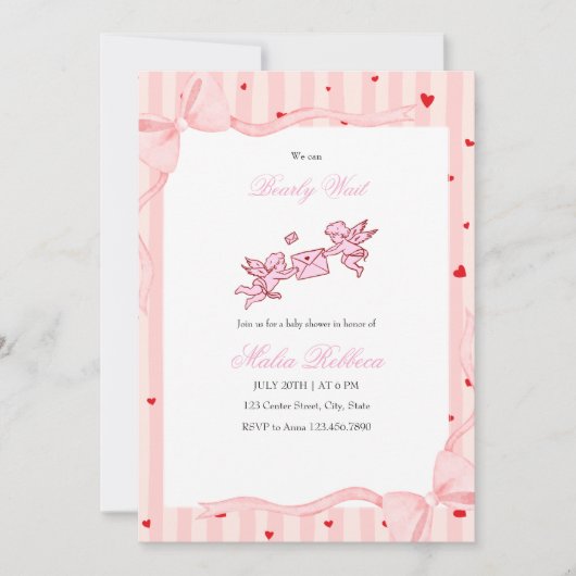  Pink Cherub Bearly Wait Baby Shower Invitation 招待状 (正面)