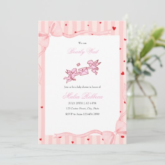  Pink Cherub Bearly Wait Baby Shower Invitation 招待状 (スタンド正面)