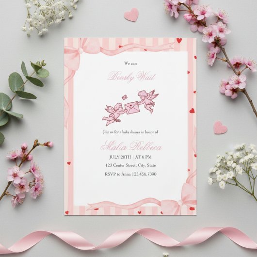  Pink Cherub Bearly Wait Baby Shower Invitation 招待状