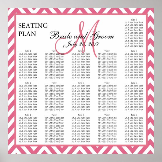 Pink Chevron Zig Zag Wedding Seating Chart ポスター (正面)