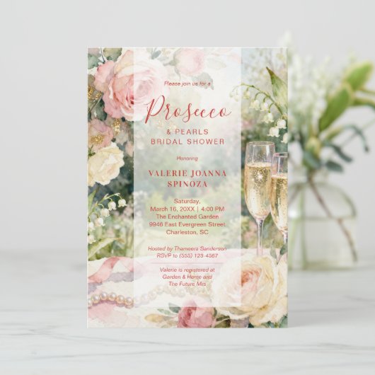 Pink Chic Prosecco & Pearls Glitter Bridal Shower 招待状 (スタンド正面)