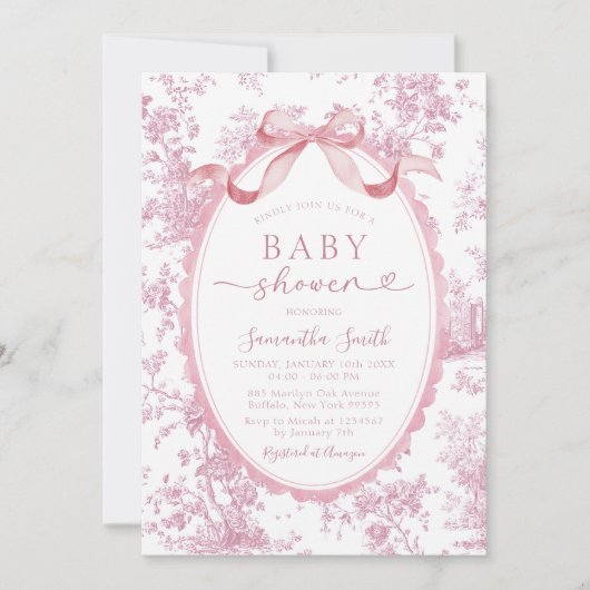 Pink Chinoiserie Floral Bow Toile Girl Baby Shower 招待状 (正面)