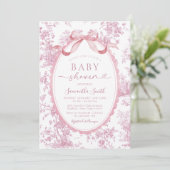 Pink Chinoiserie Floral Bow Toile Girl Baby Shower 招待状 (スタンド正面)