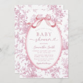 Pink Chinoiserie Floral Bow Toile Girl Baby Shower 招待状 (正面/裏面)