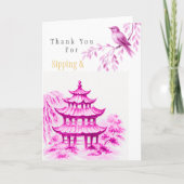Pink Chinoiserie Pagoda floral Thank You サンキューカード (正面)