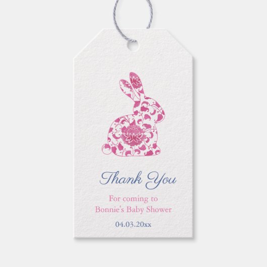 Pink Chinoiserie Rabbit Baby Shower Favor ギフトタグ (正面)