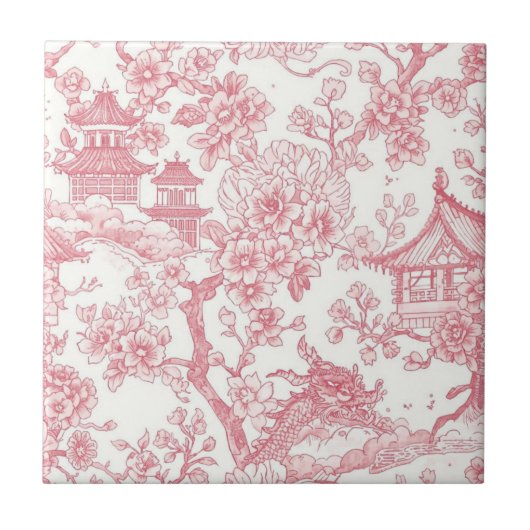 Pink Chinoiserie Toile Dragon Cherry Blossom タイル (正面)