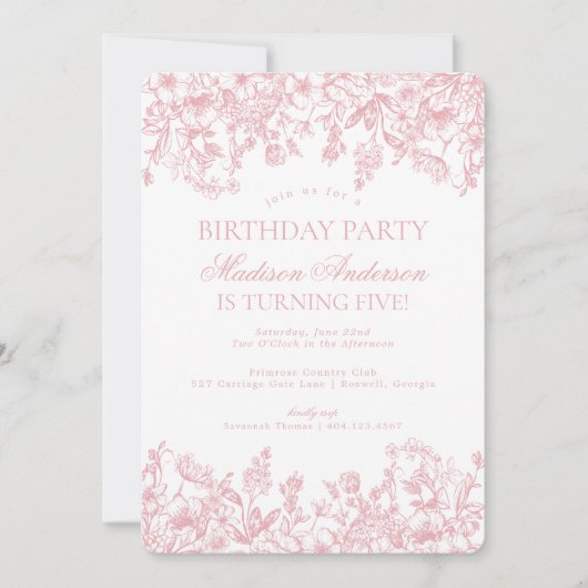 Pink Chinoiserie Vintage Floral Birthday Party 招待状 (正面)