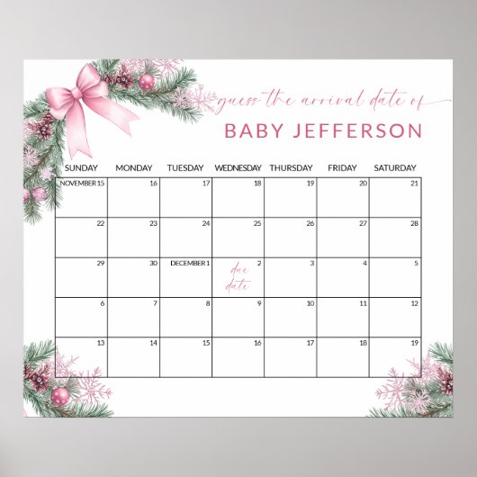 Pink Christmas Baby Shower Guess Due Date Calendar ポスター (正面)