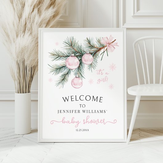 Pink Christmas Baby Shower Welcome Sign Poster ポスター