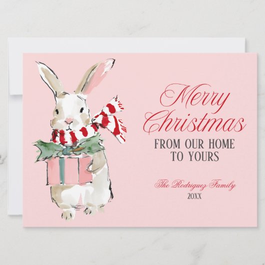 Pink Christmas Bunny Flat Holiday Card シーズンカード (正面)
