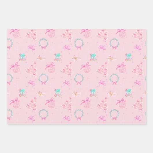 Pink Christmas Coquette Bow Seamless Pattern ラッピングペーパーシート (正面)