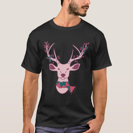 Pink Christmas Deer with Scarf and Mistletoe on An Tシャツ (正面)