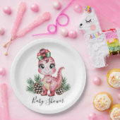 Pink Christmas Dino Girl Baby Shower ペーパープレート (パーティー)