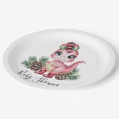 Pink Christmas Dino Girl Baby Shower ペーパープレート (アングル)