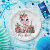 Pink Christmas Dino Girl Baby Shower ペーパープレート (パーティー)