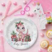Pink Christmas Dino Girl Baby Shower ペーパープレート (パーティー)