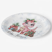 Pink Christmas Dino Girl Baby Shower ペーパープレート (アングル)