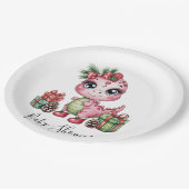 Pink Christmas Dino Girl Baby Shower ペーパープレート (アングル)