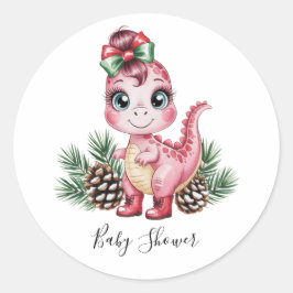 Pink Christmas Dino Girl Baby Shower ラウンドシール