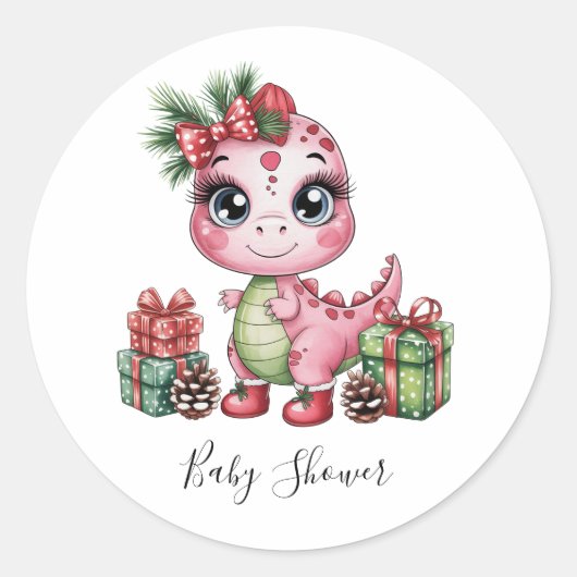 Pink Christmas Dino Girl Baby Shower ラウンドシール (正面)
