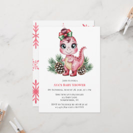 Pink Christmas Dino Girl Baby Shower 招待状