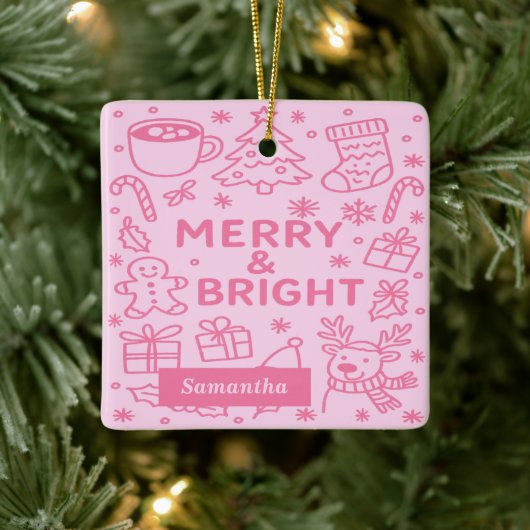 Pink Christmas Doodle | Merry & Bright セラミックオーナメント (ツリー)