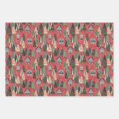 Pink Christmas Forest Village Birds Snowflakes ラッピングペーパーシート (正面)