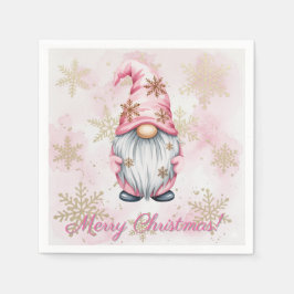 Pink Christmas Gnome Gold Snowflakes スタンダードカクテルナプキン