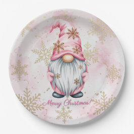 Pink Christmas Gnome Gold Snowflakes ペーパープレート