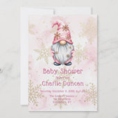 Pink Christmas Gnome Gold Snowflakes Baby Shower 招待状 (正面)