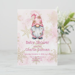 Pink Christmas Gnome Gold Snowflakes Baby Shower 招待状