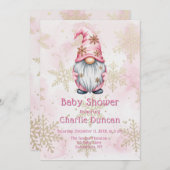 Pink Christmas Gnome Gold Snowflakes Baby Shower 招待状 (正面/裏面)