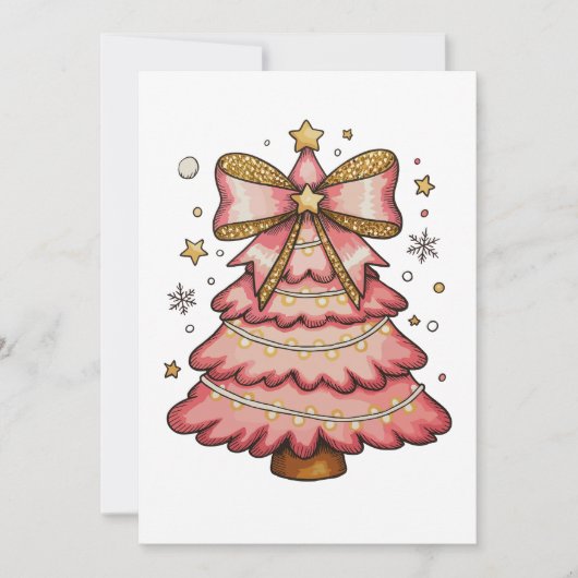 Pink Christmas Lights Tree Coquette Bow Watercolor シーズンカード (正面)