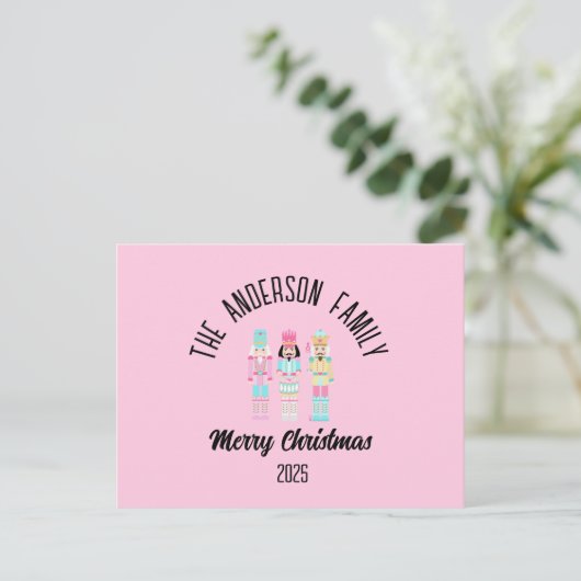 Pink Christmas Nutcracker Pastel Personalized Name シーズンポストカード (スタンド正面)