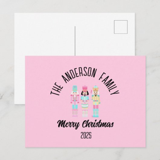 Pink Christmas Nutcracker Pastel Personalized Name シーズンポストカード (正面/裏面)