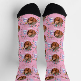 Pink Christmas one circle photo and name snowman ソックス