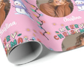 Pink Christmas one circle photo and name snowman ラッピングペーパー (ロールコーナー)