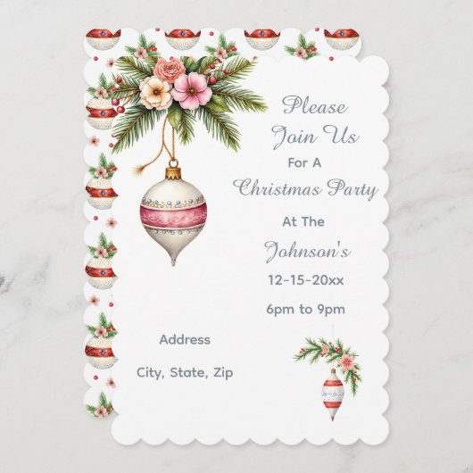 Pink Christmas Ornament Party Invitation (正面/裏面)