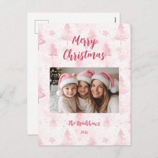 Pink Christmas Pine Trees Photo Holiday Postcard シーズンポストカード (正面/裏面)