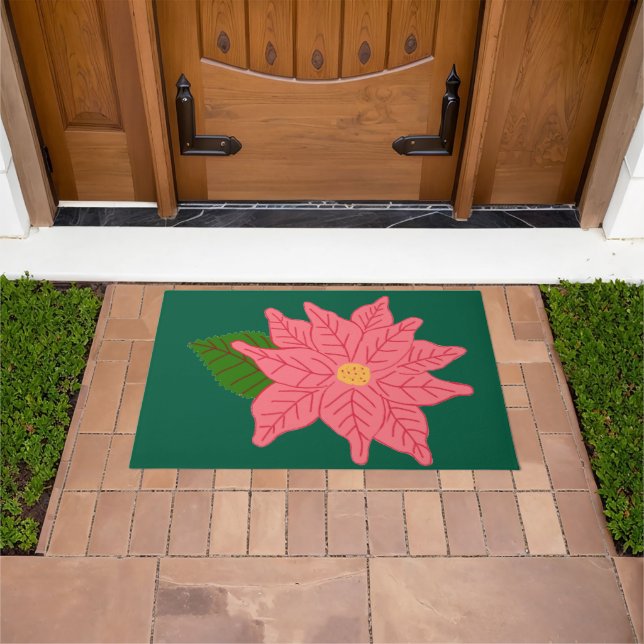 Pink Christmas Poinsettia  ドアマット (室外)