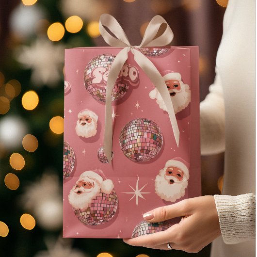 Pink Christmas Retro Santa Gift Bag ミディアムペーパーバッグ