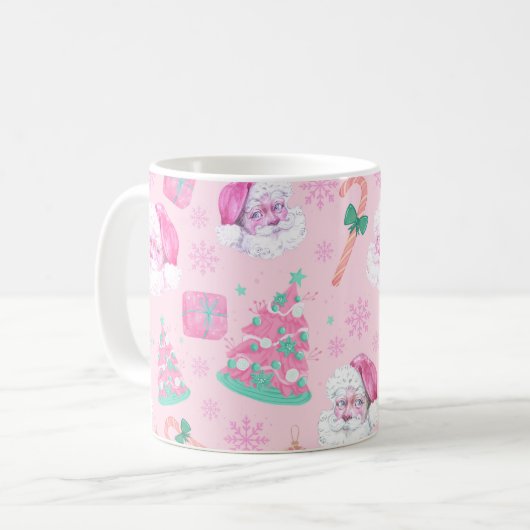 Pink Christmas Santa Clau & Tree Seamless Pattern コーヒーマグカップ (正面左)