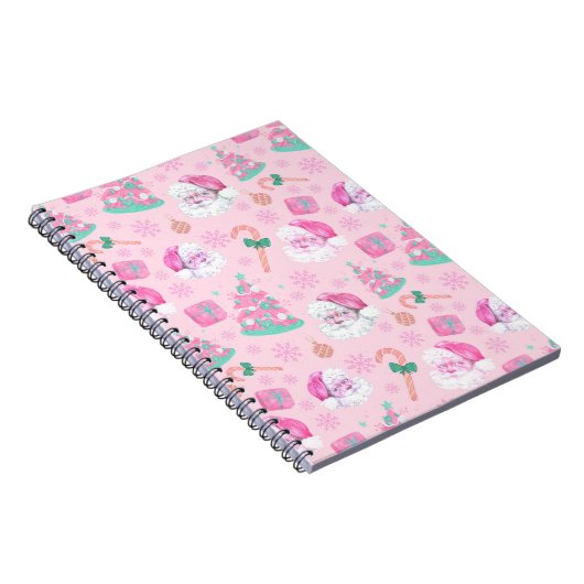 Pink Christmas Santa Clau & Tree Seamless Pattern ノートブック (右側)