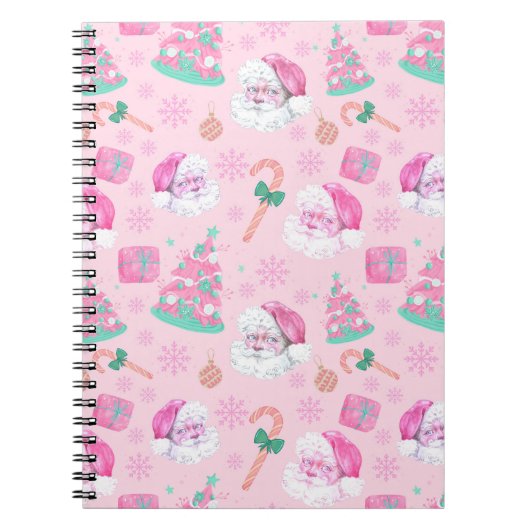 Pink Christmas Santa Clau & Tree Seamless Pattern ノートブック (正面)
