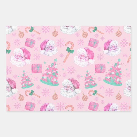 Pink Christmas Santa Clau & Tree Seamless Pattern ラッピングペーパーシート (正面)